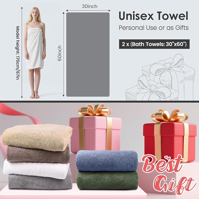 JML Microfiber Bath Towels Set of 2, 30 in x 60 in, White | Hanging Loop, Super Soft, Absorbent, Lint Free, Fade Resistant, Lightweight, Quick Dry, Use for SPA , Sauna, Salon Hair Wrap