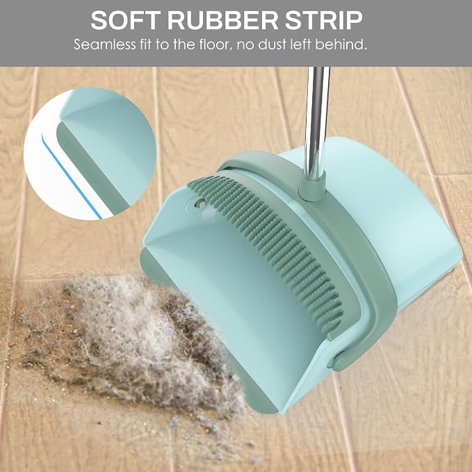 Broom and Dustpan Set for Home, 51-in Long Adjustable Handle Angle Broom and Dustpan Combo Set with Dust Pan Teeth to Clean Hair for Home Kitchen Office Lobby Floor Garden, Green