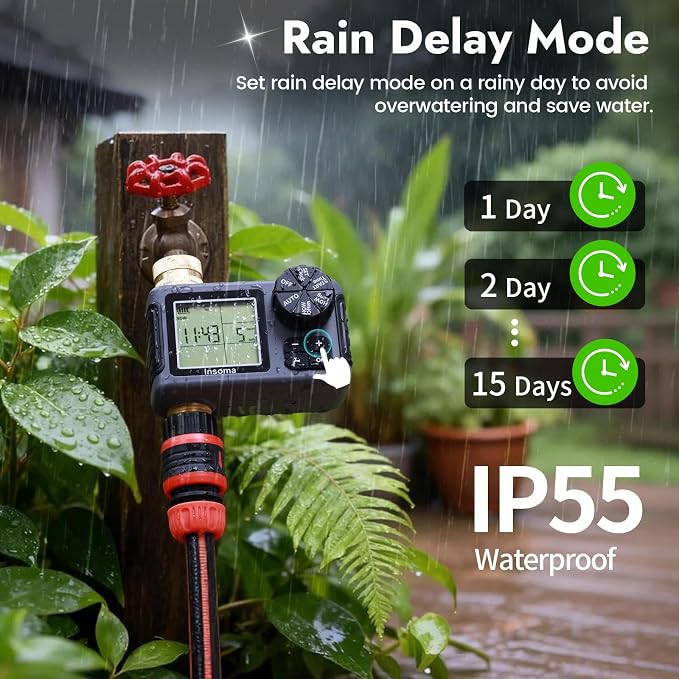 Water Timer for Garden Hose with 100% Brass Pipe, Programmable Sprinkler Controller for Garden Faucet with Auto/Manual/Rain Delay Mode, Irrigation Timers for Lawn, Yard, Outdoor Plants