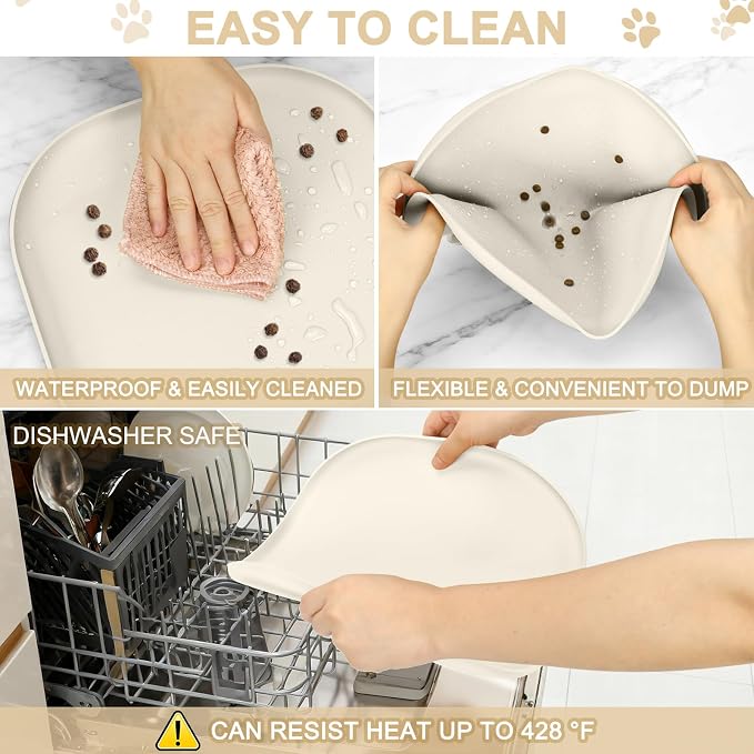 SMILOOL Waterproof Silicone Pet Food Mat with Raised Edge for Dog & Cat | 12" x 12" Non-Slip Small Pet Feeding Mats with Lip for Food & Water Bowl, Food Grade, Easy Cleaning, White Sand