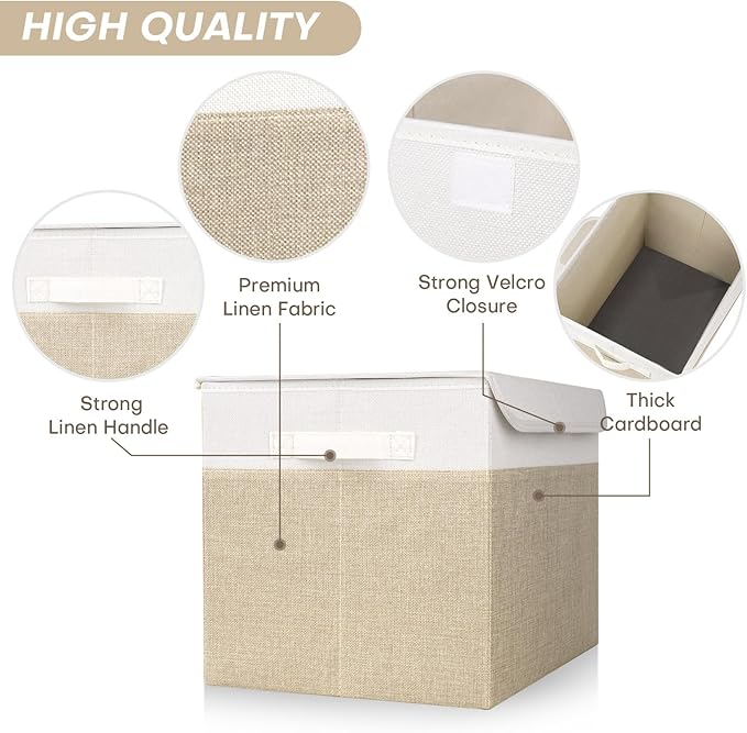 Bagnizer Large 22 Quart Linen Fabric Foldable Storage Bin Cube Organizer Basket with Flip-Top Lid & Handles, Clothes Blanket Box for Home, Office, Closet, Beige & White, 4 Pack 14.6 x 9.5 x 9.5”