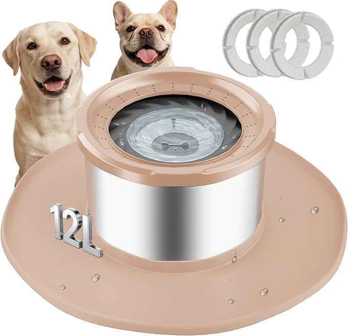 Decflow 12L No Spill Dog Water Bowl for Large Dogs, Stainless Steel Spill Proof Bowls with Suction Cup Anti-Skid Mat, Slow Feeder for Messy Drinkers, Heavy Duty Pet Bowls for Indoor/Outdoor Beige