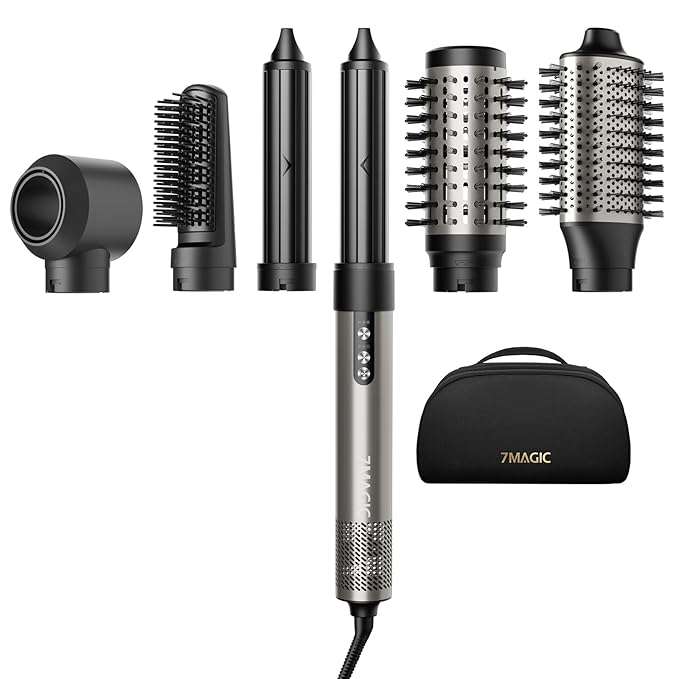 7MAGIC 6 in 1 Multi Hair Styler Dryer Brush, 110,000 RPM High-Speed, Negative Ionic, Fast Drying for Professional Blow Dry, Curling, Volumizing, Straightening and Styling, Silver
