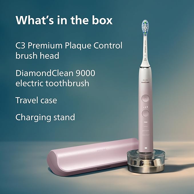 Philips Sonicare DiamondClean 9000 Electric Toothbrush - Sonic Toothbrush with App, Pressure Sensor, 12 Brushing Settings, Replacement Reminder, Charging Stand, Travel Case, Pink, HX9911/90