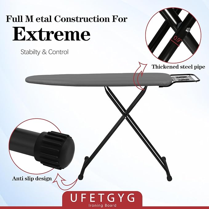 UFETGYG Ironing Board,13" X 43" W/with Iron Rest | Full Metal Construction| Height Adjustable | Heat & Scorch Resistant Fabric | Heavy Duty| Easy to Fold | Anti-Skid Feet |Grey