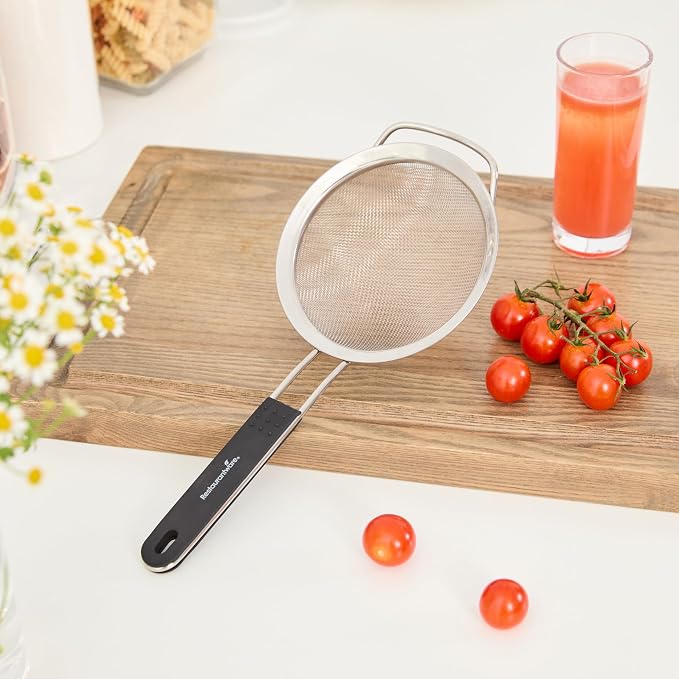 Restaurantware Fine Mesh Strainer 1 Count 12.6" x 5.5" x 2.3" with Silicone Handle Stainless Steel Extra Fine Mesh Strainer Heat-Resistant Handle Dishwasher-Safe for Rice, Quinoa, Pasta