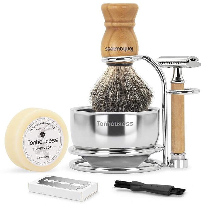 5 In 1 Manual Shaving Kit For Men Includes Badger Hair Shaving Brushes Set, Double Edge Safety Razor, Stainless Steel Shaving Bowl&Stand and Goat Milk Shaving Soap