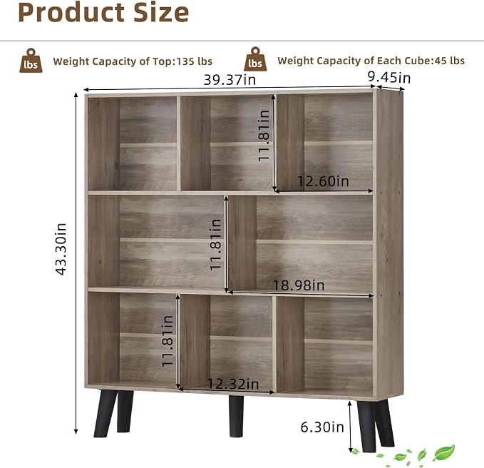 LEYAOYAO 8 Cube Bookshelf, Mid-Century Modern Book Shelf with Legs, Grey | 3 Tier Bookcase, Rustic Wood Bookshelves Freestanding Large Storage Organizer, Open Shelves for Bedroom, Living Room, Office
