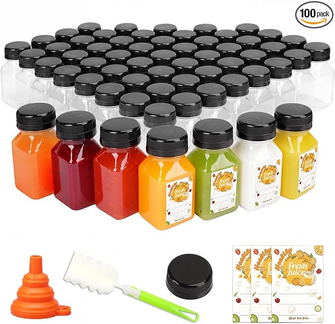 TOMNK 100pcs 4oz Juice Bottles, Reusable Small Shot Bottles with Lids, Labels, Funnel and Brush Beverage Containers for Juicing, Ginger Shots, Milk and Beverages