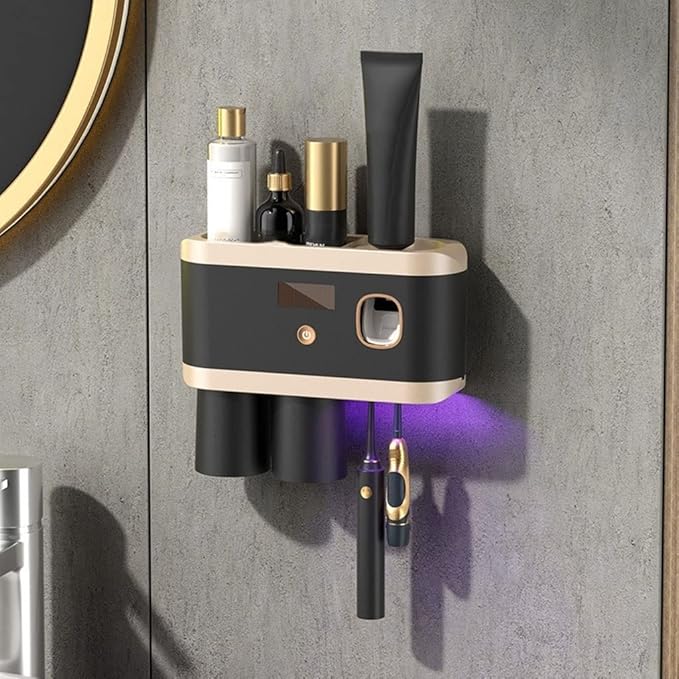 Toothbrush Rack Smart Toothbrush Holder Wall Mount Toothbrush Holder with Mouthwash Cup Automatic Toothpaste Dispenser Squeeze Kit Bathroom Toothbrush Holder(A)