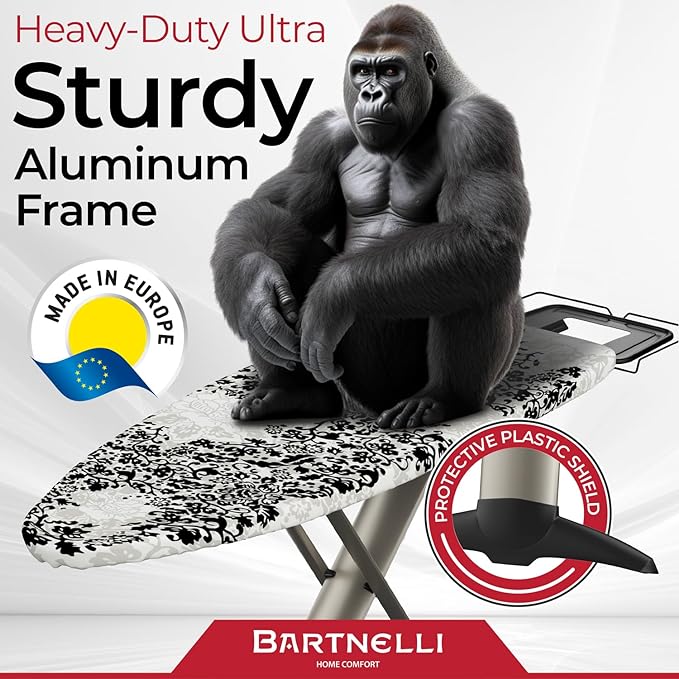 Bartnelli Pro Luxury Ironing Board - Extra Wide 51x19 Ironing Surface, Ultra-Premium Aluminum Build, Includes Steam Iron Rest, Adjustable Height, Foldable, European Made