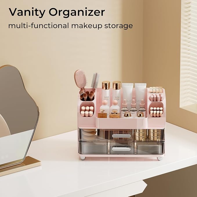UFORU Makeup Organizer for Vanity with 2 Large Drawers, Cosmetic Display Case with Brush Holders, Easy to Storage for Bathroom Countertop Skincare, Perfume, Pink