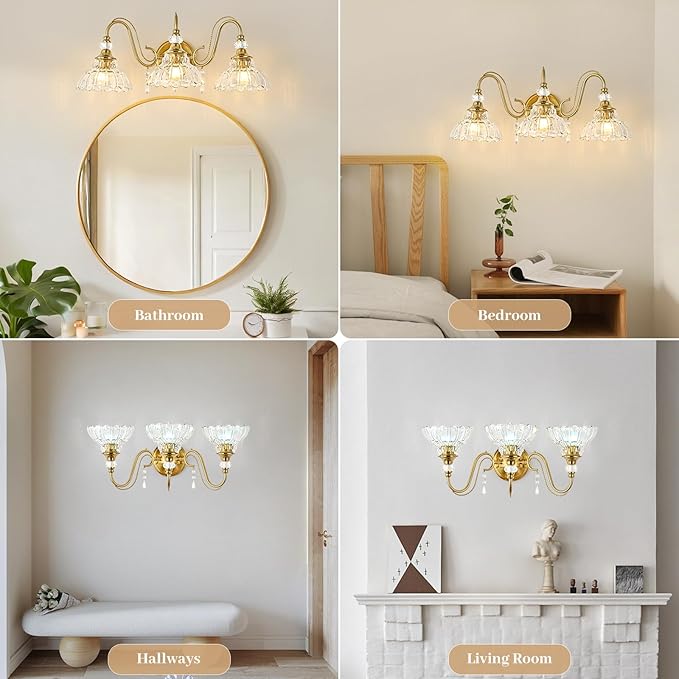 Vintage Bathroom Vanity Light, 3-Light Brushed Gold Finish Wall Sconce with Hanging Crystal Accents and Flower-Shaped Clear Glass Shades, Retro Wall Mount Vanity Light Over Mirror for Bathroom