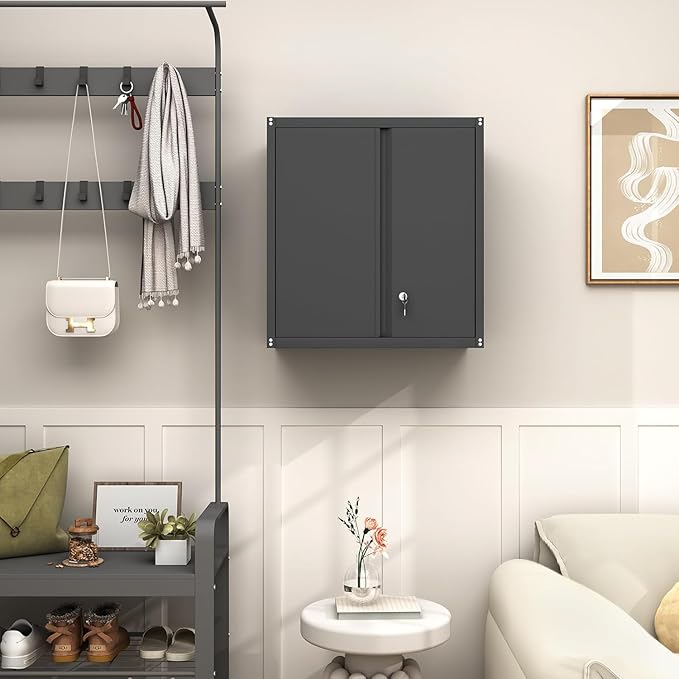 GREATMEET Locking Metal Wall Cabinets for Garage, Garage Cabinets Wall Mount, Steel Floating Hanging Storage Cabinet with Doors and Adjustable Shelf for Utility Room