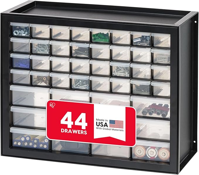 IRIS USA 44-Drawer Small Parts Organizer, Made in USA, Storage Drawers for Screws, Nuts, Bolts, Electronics, Hardware, Beads, Crafts, Building Bricks, Stackable Garage Storage Cabinet, Black
