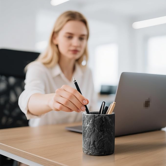 Pen Holder Stand Italy Natural Premium True Marble Makeup Brush Holders, Tableware Organizer Desk Pencil Cup for Home Office School Decor Dark Grey (DL012)