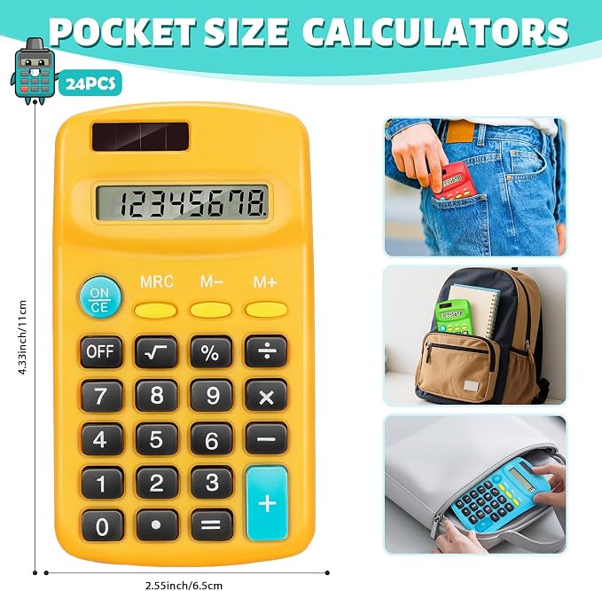 24 PCS Basic Calculators, Pocket-Size Mini with 8 Digit Display, Solar/Battery Dual Power - Bulk for Students, Classroom, Junior High, School, Home & Office (6 Colors)