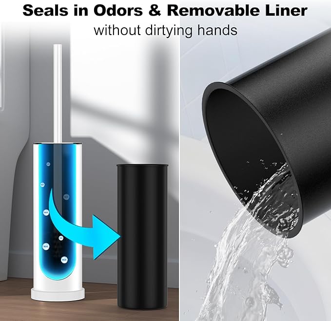 White Toilet Brush and Holder Set，Stainless Steel Heavy Duty Toilet Bowl Brush，Extra Long Handled Modern Toilet Cleaner Brush with Replaceable Head, Removable Inner Bowl, and Splash Protection