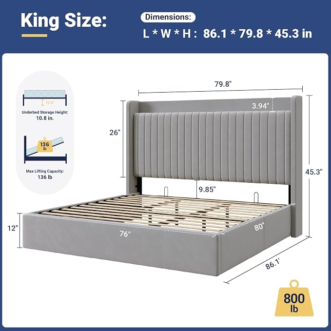 Allewie King Lift Up Storage Hydraulic Bed Frame,Charging Station,Grey | Storage Shelf Headboard with Charging Station,Type-C,USB Ports,Hydraulic Support,Velvet Upholstered,No Box Spring Needed