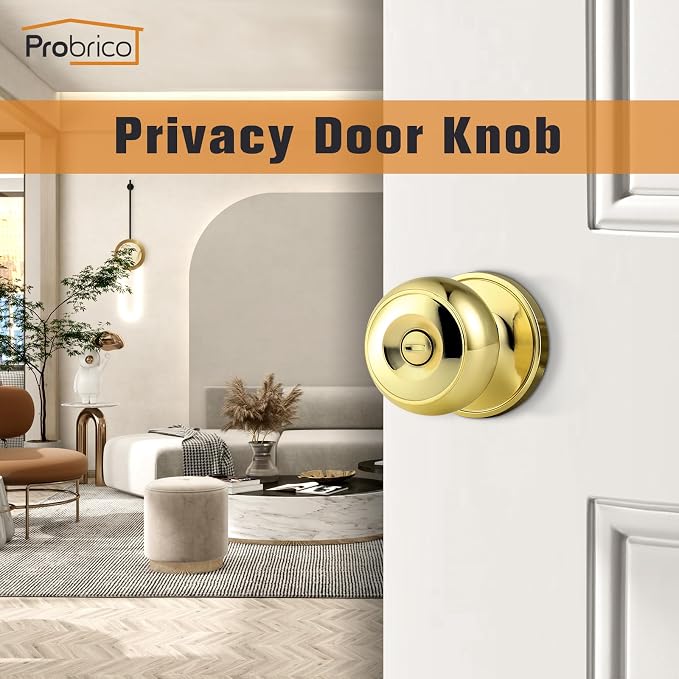 Probrico Polished Brass Privacy Interior Door Knob Bed and Bath Keyless Door Lockset, 1 Pack