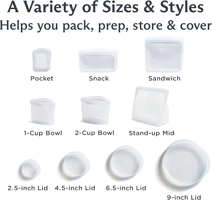 Stasher Reusable Silicone Bags and Stretch Lids, 10-Pack Starter Kit, Clear | Food-Safe Silicone, Eco-Friendly, Reusable Freezer Bags, Microwave, Dishwasher, Oven, Snack Bags, Lunch Containers, Meal Prep