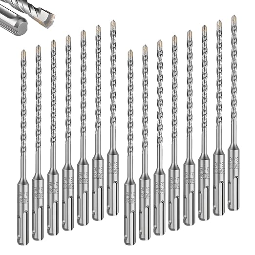GEINXURN 15 PCS 3/16" x 6" Double Thread Rotary Hammer Drill Bits, Masonry Drill Bits Tool Set Carbide Tipped, Drilling in Brick, Stone and Concrete, Cement Walls