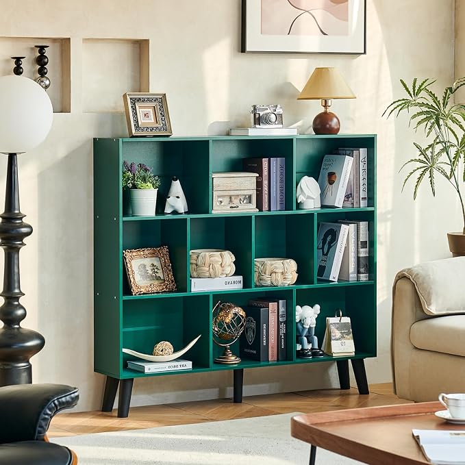 LEYAOYAO 10 Cube Bookshelf,Mid-Century Modern Bookcase with Legs,Dark Green | 3 Tier Book Shelf,Rustic Wood Bookshelves Freestanding Large Storage Organizer, Open Shelves for Bedroom, Living Room, Office