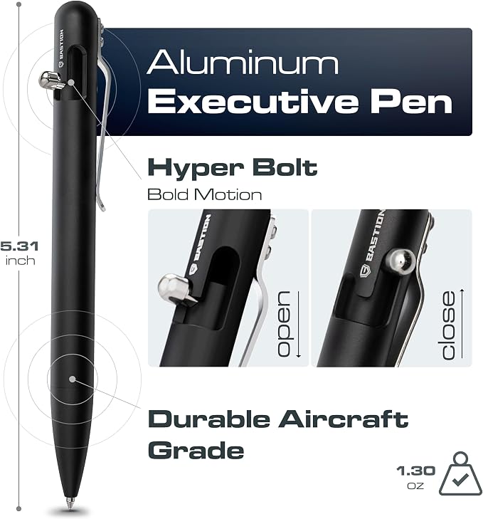 BASTION Bolt Action Pen, Aluminum Jet Black, HyperBolt EDC Pen, Refillable Metal Writing Pen, Premium Graduation Gift, Executive Pocket Pen