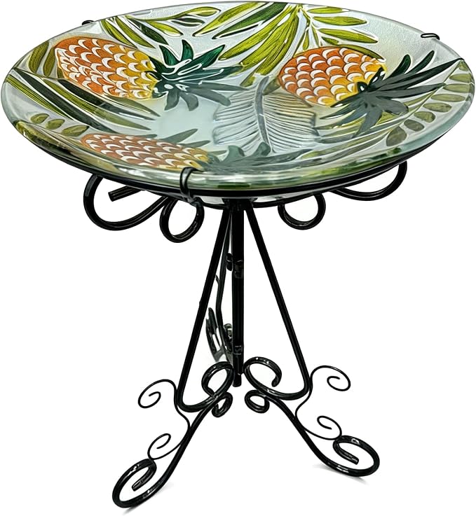 Large Glass Bird Bath with Metal Stand, Pineapple | 18" Wide Bowl, 3.2" Bathing Depth, Thick Glass Construction, Stable 3-Leg Base, Easy Clean Surface, Garden Decor