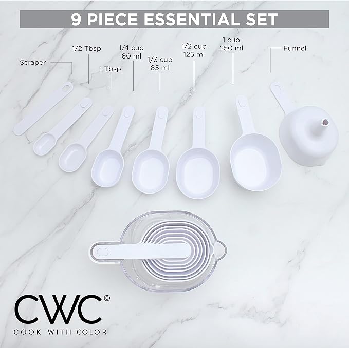 COOK WITH COLOR Measuring Cup Set - 9 PC. Nesting Stackable Liquid Measure Cup, Dry Measuring Cups and Spoons with Funnel and Scraper (White)