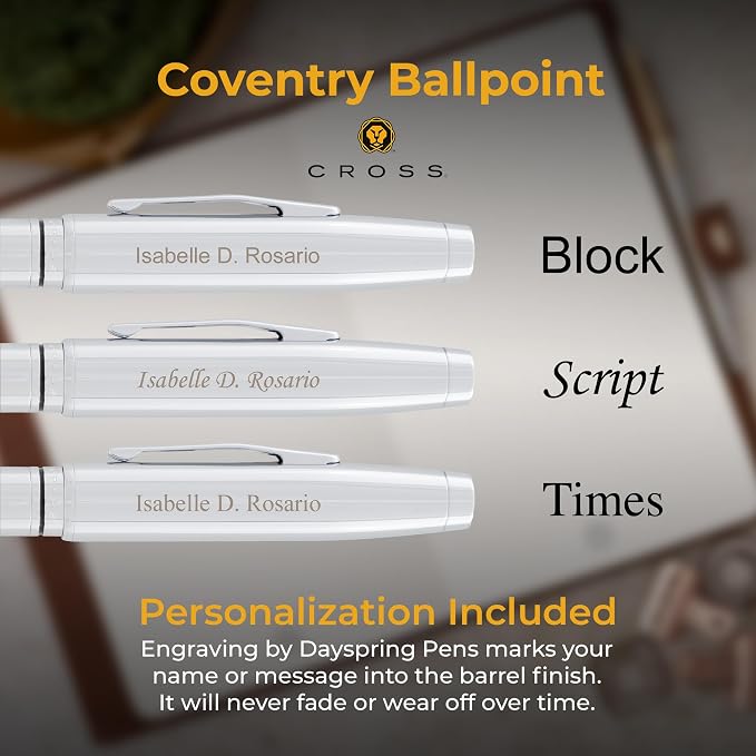Cross Coventry Ballpoint Pen with Personalized Engraving - Polished Chrome with Black Accent Banding - Gift for Graduation, Retirement, New Job, or Corporate Recognition