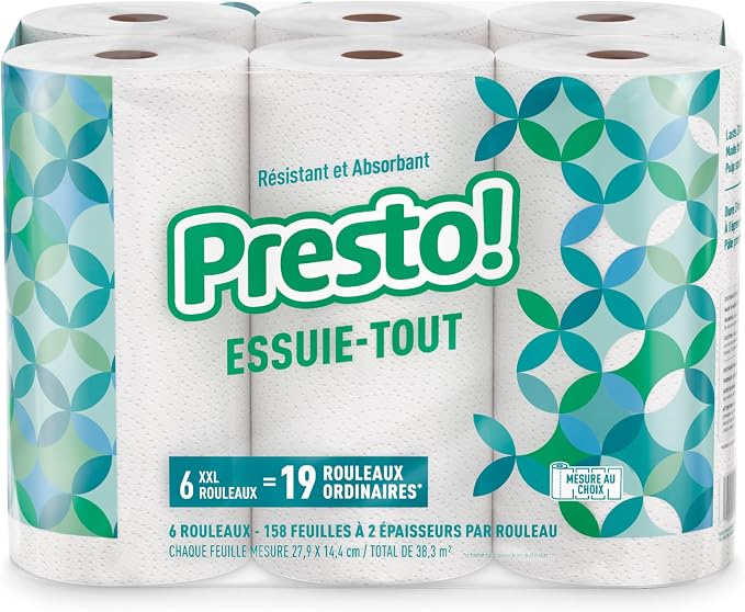 Amazon Brand - Presto! Ultra-Strong Premium Paper Towels, 158 Sheet Huge roll - Flex-a-Size, 6 Rolls, Equivalent to 19 Regular Rolls, White