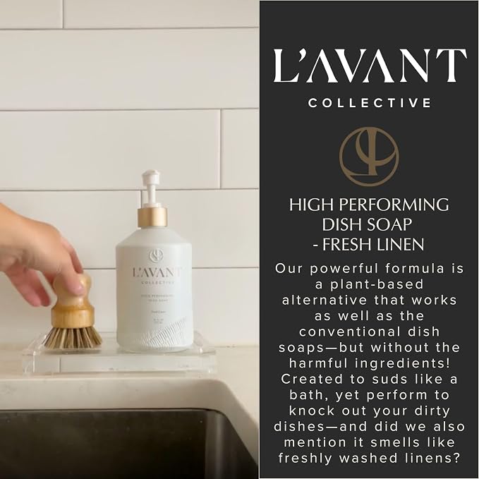 L'AVANT Collective Natural Luxury Dish Soap | Plant-Based, Non-Toxic & Grease-Cutting, Safe for Kids & Pets, Refillable Glass Bottle with Pump, 16 Fl Oz | Fresh Linen