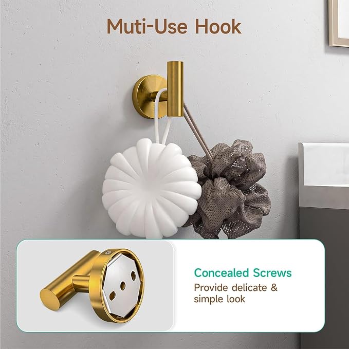 USHOWER Brushed Gold Bathroom Accessories Set, 24-Inch Towel Bar Set Wall Mounted, Durable SUS304 Stainless Steel Bathroom Hardware Set, 4-Piece