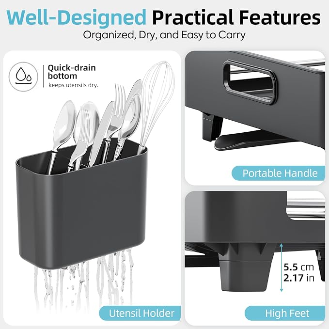 TOOLF Extendable Dish Drying Rack for Small Kitchen Counter, Black | 12.8-20.35 in, Unique Stainless Steel Design, Auto-Drainage, Perfect for Small Kitchens & Busy Kitchens