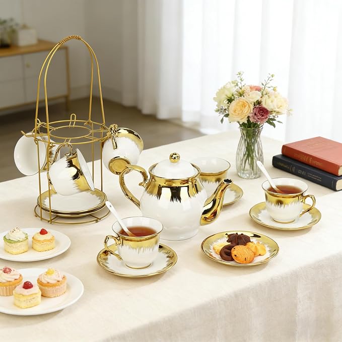 20 Pcs Porcelain Tea Set with Metal Holder and Spoon, European Ceramic Tea Set for Adults, European Flower Painting Teapot Cup Saucer Spoon Set for 6, 1000ML Gift Pack(White)