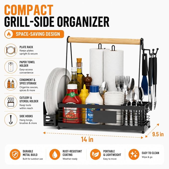 Portable BBQ Grill for Cuisinart CPG-700 Woodcreek XL 2021-2024, Multi Compartment Outdoor Grilling Organizer with Plate Rack, Paper Towel Holder & Tool Hooks for Camping,A