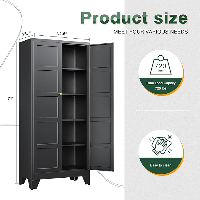 71" H Metal Storage Cabinet with 2 Doors and 4 Shelves,Tall Kitchen Pantry Cabinets,Utility Pantry Organizers for Cupboard/Dining/Bathroom/Home Office/Garage (Black, 71" H x 16" D x 32" W)