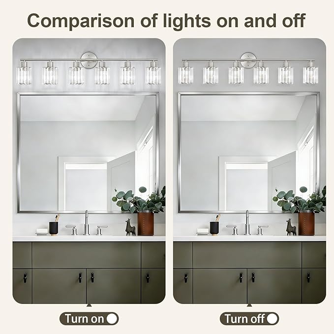 Crystal Bathroom Light Fixtures,Bathroom Lighting Fixtures Over Mirror, Modern 6-Light Brushed Nickel Vanity Lights for Mirror, Restroom,Kitchen(Ceramic E26 Socket,Bulbs Not Include)