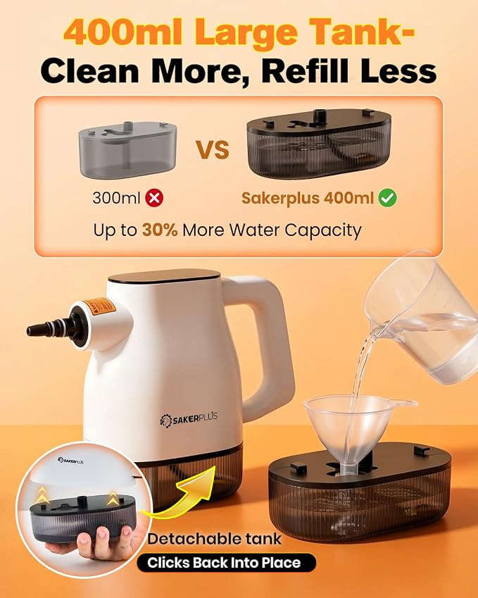Sakerplus EverSteam Instant-Heat Steam Cleaner,15s Fast Heat-up | Dual steam modes and a 400 mL tank with floor mop attachment and 12 microfiber cloths for kitchens, bathrooms and cars