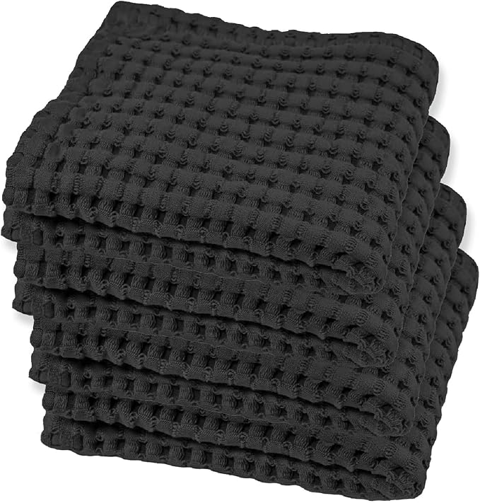 GILDEN TREE Waffle Bath Towels Wash Cloths for Showering, Exfoliating Washcloth Quick Dry Towel, Face Towels for Washing Face Cotton Washcloths Set of 4, Modern Style (Faded Black)