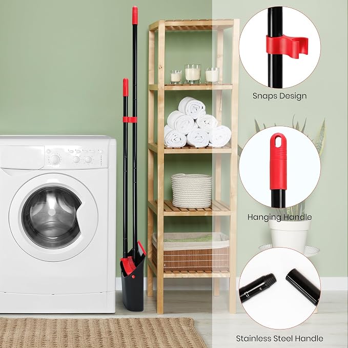 TreeLen Dust Pan and Broom/Dustpan Cleans Broom Combo with 52" Long Handle for Home Kitchen Room Office Lobby Floor Use Upright Stand Up Broom and Dustpan Set - Black/Red