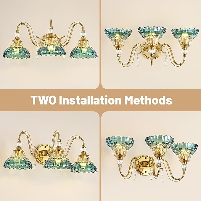 Vintage Bathroom Vanity Light, 3-Light Brushed Gold Finish Wall Sconce with Hanging Crystal Accents and Flower-Shaped Teal Glass Shades, Retro Wall Mount Vanity Light Over Mirror for Bathroom
