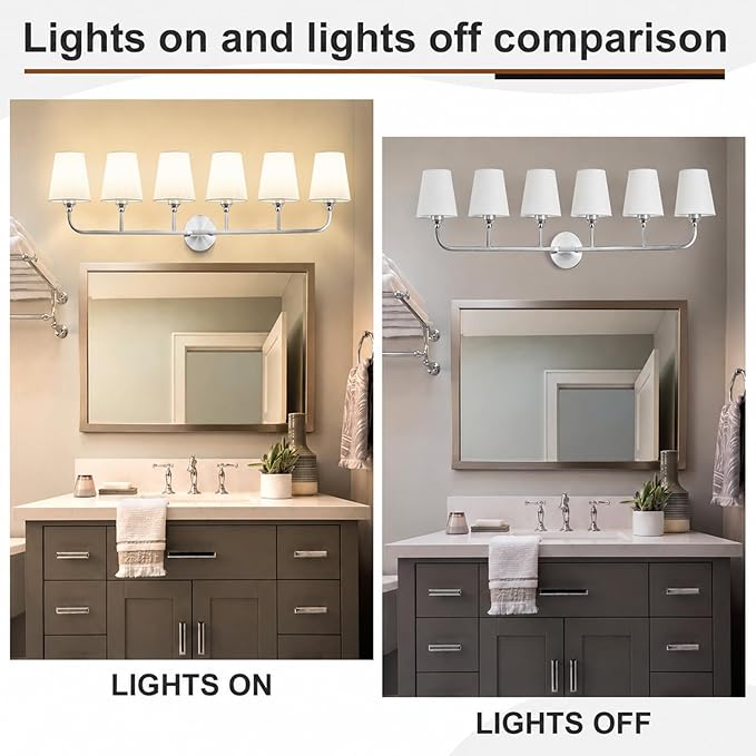 Bathroom Vanity Light, Brushed Nickel Bathroom Light Fixtures, 6-Light Lighting Fixtures Over Mirror, Modern Wall Sconce with Flared White Fabric Shade, E26 Socket(ETL Listed)