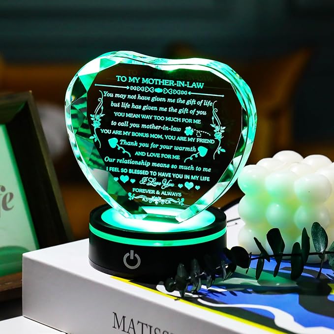 Gifts for Mother in Law with Colorful LED Base Unique Crystal Heart to My Mother in Law Mothers Day Christmas Birthday Gift Best Bonus Mom Gifts from Daughter/Son in Law