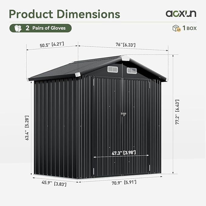 Aoxun 6'x4' Outdoor Storage Shed with Base, Black | Metal Shed with Lockable Doors & Slooping Roof Garden Tool Shed for Backyard, Patio, Poolside