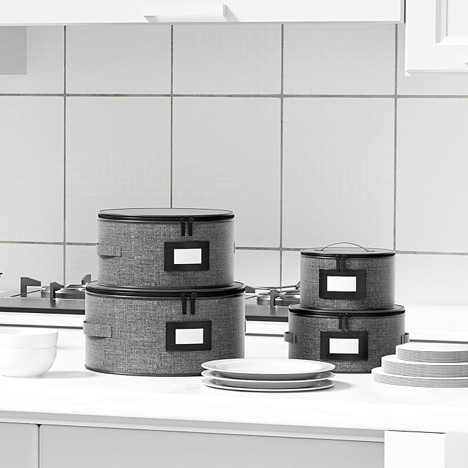 Aokeyee 4-Piece Plate Storage Set, Hard-Shell Dinnerware Organizer, Grey | With 48 Soft Felt Dividers for Saucer, Dessert, Salad and Dinner Plates, Dual Zippers, Handles, Stackable, Moving & Storage