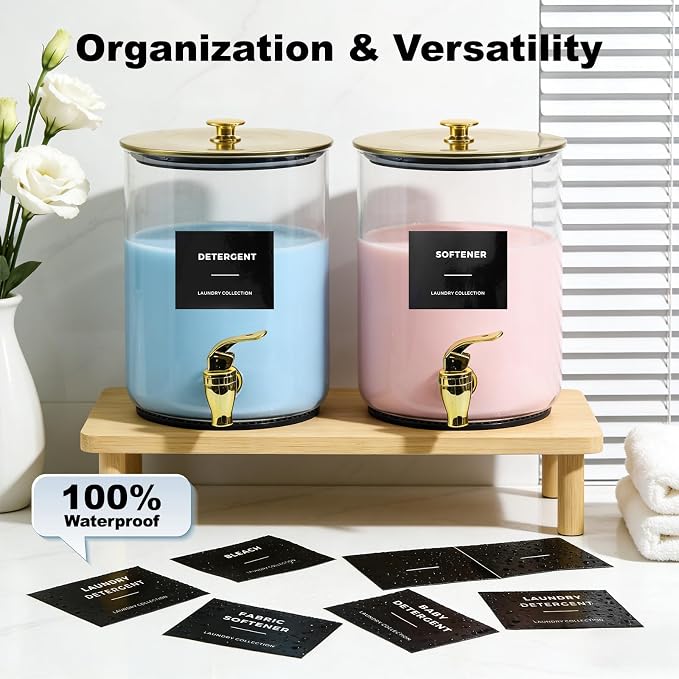 Glass Laundry Detergent Dispenser for Laundry Room Organization-Gold | 1 Gallon Large Liquid Soap Dispenser with Black Metal Lid & Leak-Proof Spigot, 1 Measured Cups, 1 Silicone Mats & 9 Labels