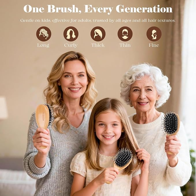 Mini Boar Bristle Hair Brush Since 1965 British Craftsmanship Handmade | Natural Wooden Small Hairbrush, Gentle Detangling Women Men Kids Curly Thick Fine Frizzy Hair, Smoothing Styling Brush
