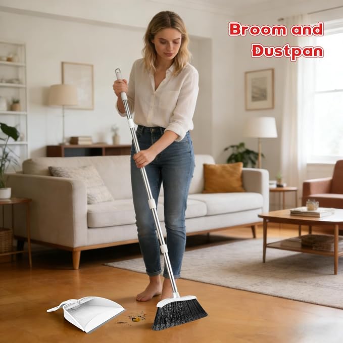 Broom and Step-on Dustpan Set, 59-in Adjustable Long Handle Broom with Dustpan Combo Set Outdoor Angle Broom for Sweeping Indoor Dust Pet Hair for Cleaning Kitchen Garage Deck Patio, White